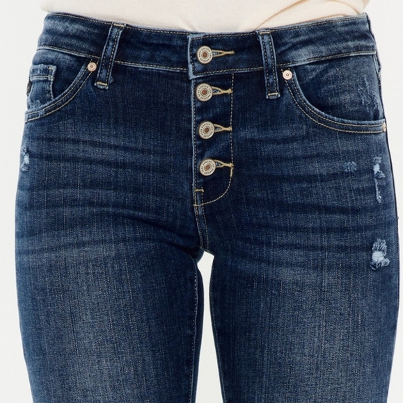 KanCan Mid-Rise Jeans Slim Fit Tapered Flare Button Fly Distressed Denim Pants - Picture 3 of 13